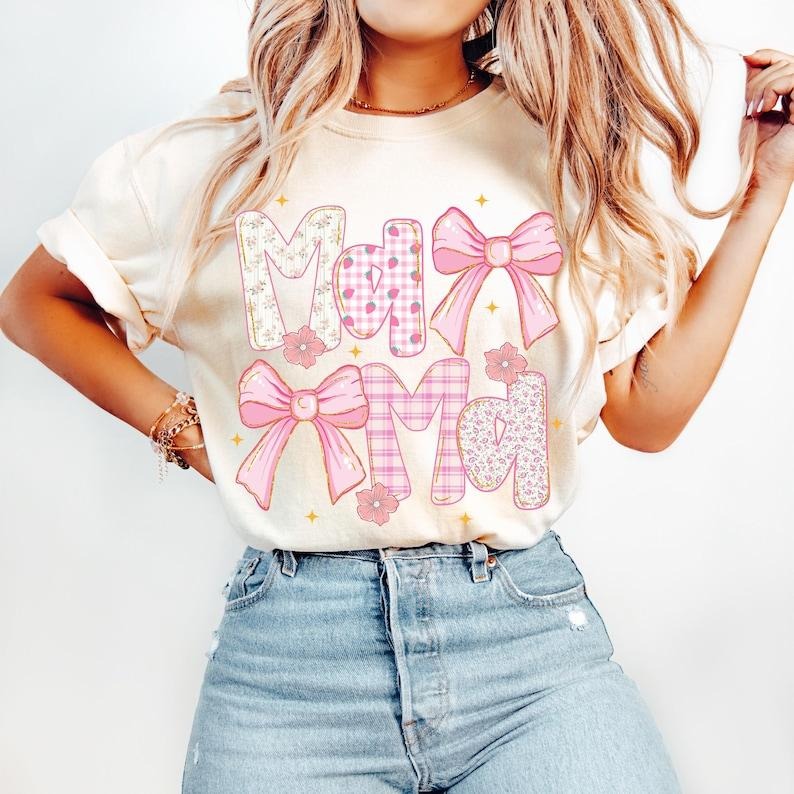 Coquette Mama Pink Bow Strawberry Floral Vintage Pink Mom T-Shirt