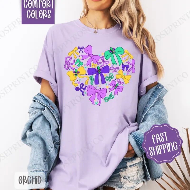 Coquette Mardi Gras Heart Comfort Colors Shirt, Mardi Gras Bows Women's Tee, Louisiana Women's Tshirt