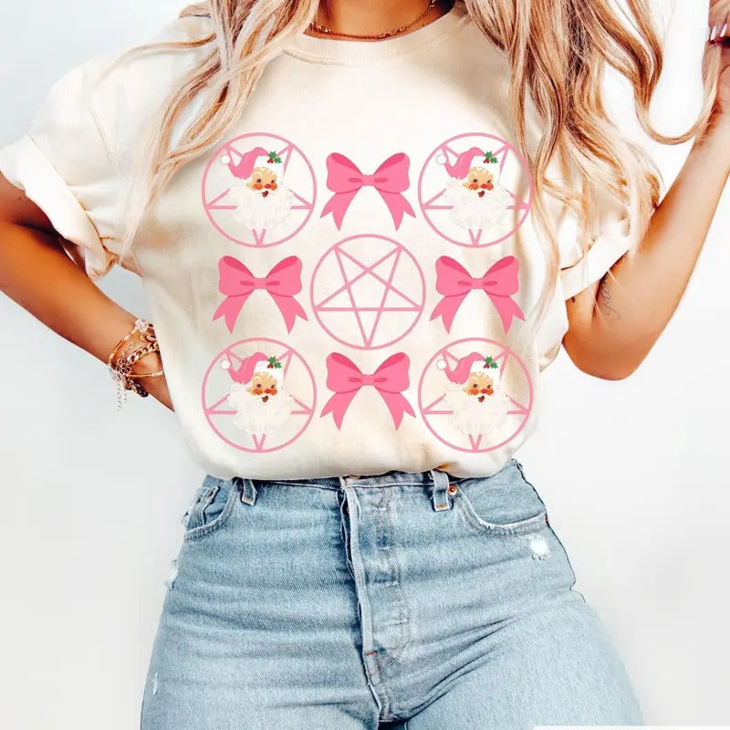 Coquette Pentagram Santa Shirt, Irreverent Pink Christmas Santa and Bow Lover Tee, Pastel Goth Occult Santa Lover Gift Idea