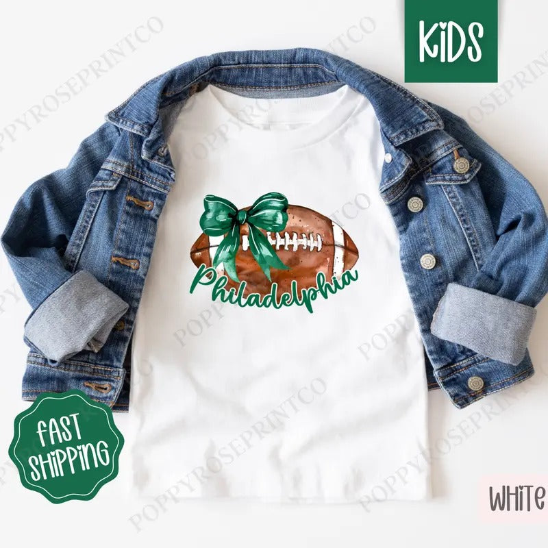Coquette Philadelphia Football Bow Kids Shirt - Football Children's Tshirt - Cute Youth Tee Gildan