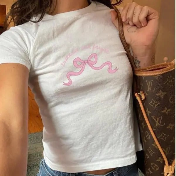 Coquette Pink Bow Baby Tee - Sexy, Fitted, Trendy, Graphic, Cotton, Comfort, Casual Top Womenswear