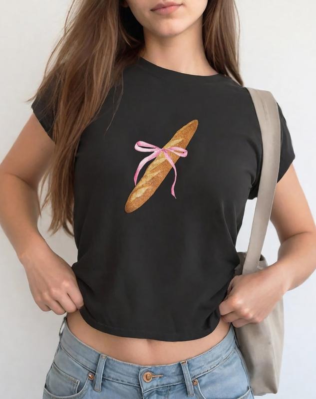 Coquette Pink Bow Bread Baby Tee, French Barquette Tee Shirt, Pink Ribbon Bread Tee Shirt, Coquette Aesthetic Baby Tee