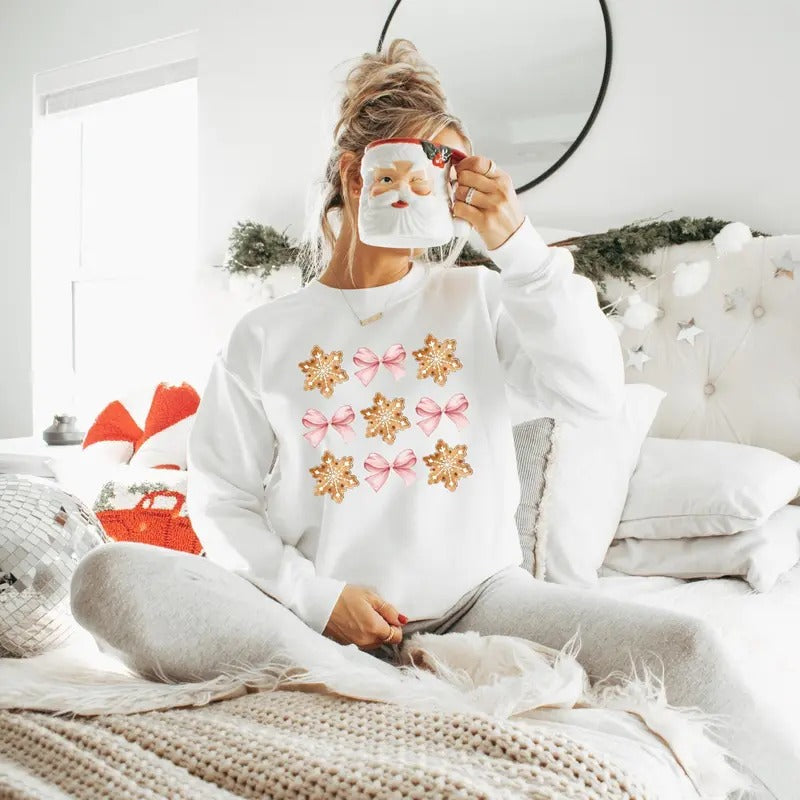 Coquette Pink Bow Christmas Sweatshirt | Xmas Holiday Gold Star Sweater - Fabric, Pullover