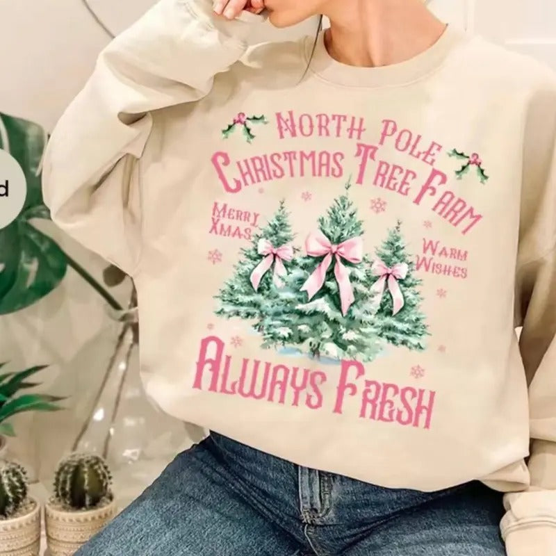 Coquette Pink Christmas Retro Sweatshirt for Women - Loose Fit, 50% Cotton 50% Polyester Fabric - Pullover