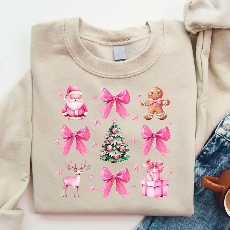 Coquette Pink Christmas Sweatshirt, Coquette Christmas Shirt, Christmas Cookie Shirt, Santa Coquette Sweatshirt, Girly Christmas Sweatshirt, Pink Bow Christmas Shirt