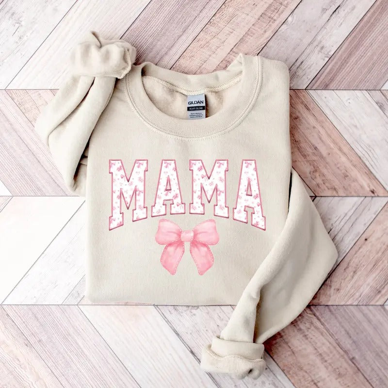 Coquette Pink Mama Sweatshirt, Cute Bow Mom Shirt, Trendy Mother Tee, Aesthetic Mom Gift, Mother's Day Sweatshirt