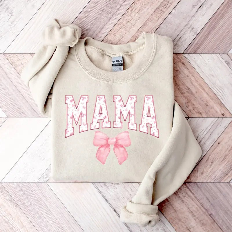 Coquette Pink Mama Sweatshirt, Cute Pink Bow Mama Shirt, Popular Mother Tee, Trendy Mother Gift, Mother Day Gift, Cute Mama Sweater