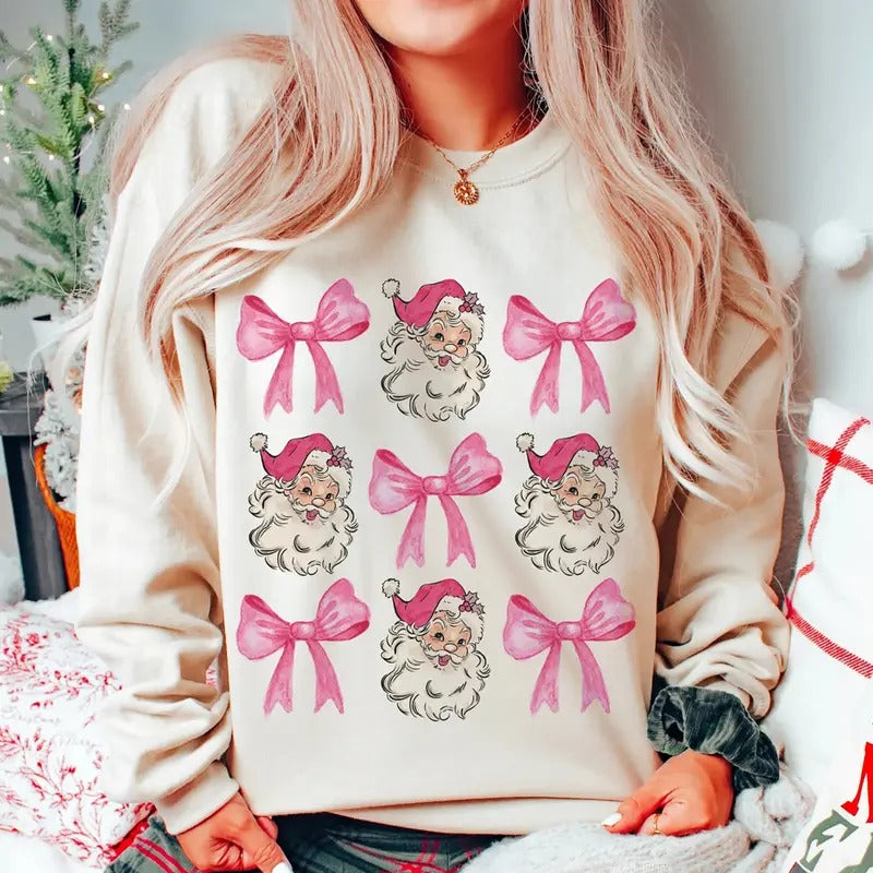 Coquette Pink Santa Sweatshirt, Coquette Pink Bow Christmas T-Shirt, Pink Santa Claus Tee Shirt, Girly Christmas Shirt, Gift For Her