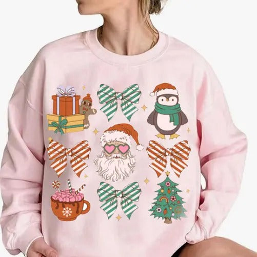 Coquette Santa Christmas Sweatshirt, Funny Santa Sweatshirt, Cute Bow Shirt for Women, Tree Xmas Sweatshirt, Women Gift for Christmas, Penguin Xmas