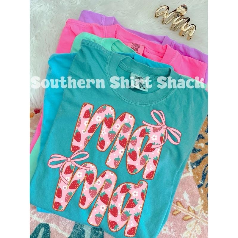 Coquette Strawberry Mama Bows T shirt | Seafoam comfort colors t shirt | Cute Mama T shirt