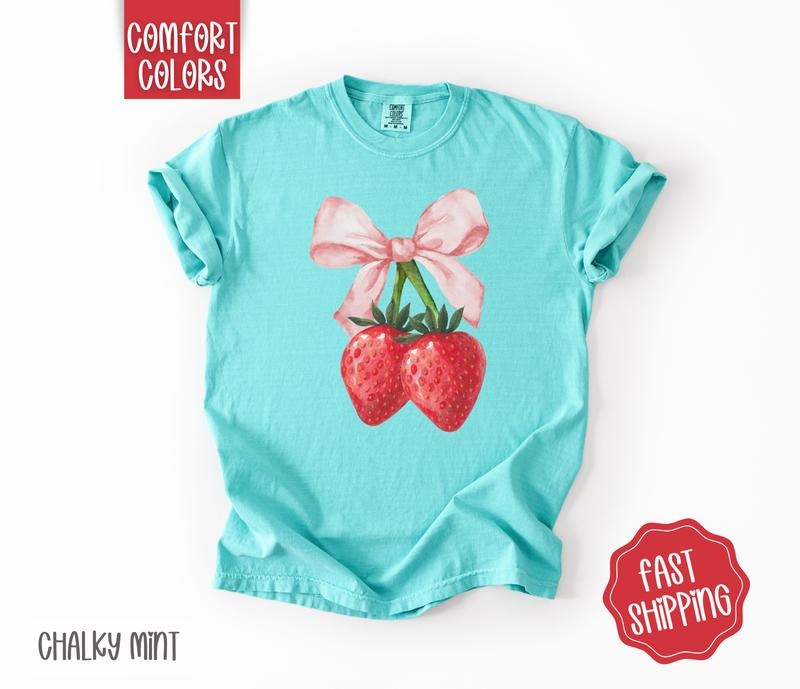 Coquette Strawberry Shirt Comfort Colors, Cute Berry Bow Tshirt, Trendy Women's Tee, Gift for Her
