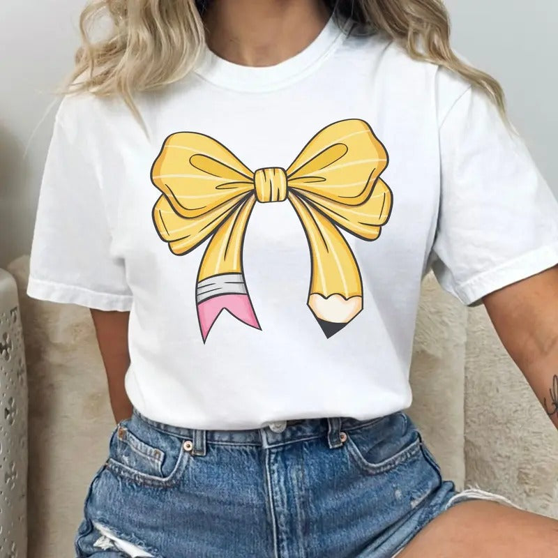 Coquette Teacher Shirt, Coquette Pencil Bow T-Shirt, Trendy Back to School Tee, Appreciation Gift, Elementary Teacher Gift, Lady Top, Full Sizes, Full Colors, Cotton Crewneck Shirt for Women, Womenswear, Graphic Printed Tee