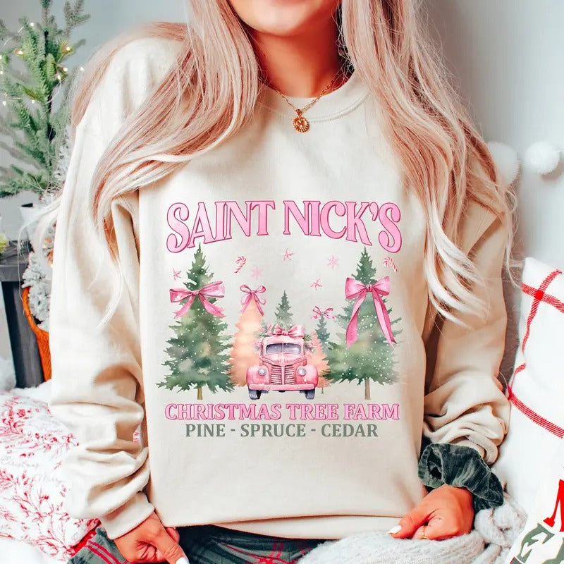 Coquette Tree Christmas Sweatshirt, Pink Xmas Sweatshirt, Saint Nick Xmas Sweatshirt, Women Gift for Christmas, Holiday Season, Xmas Vibes