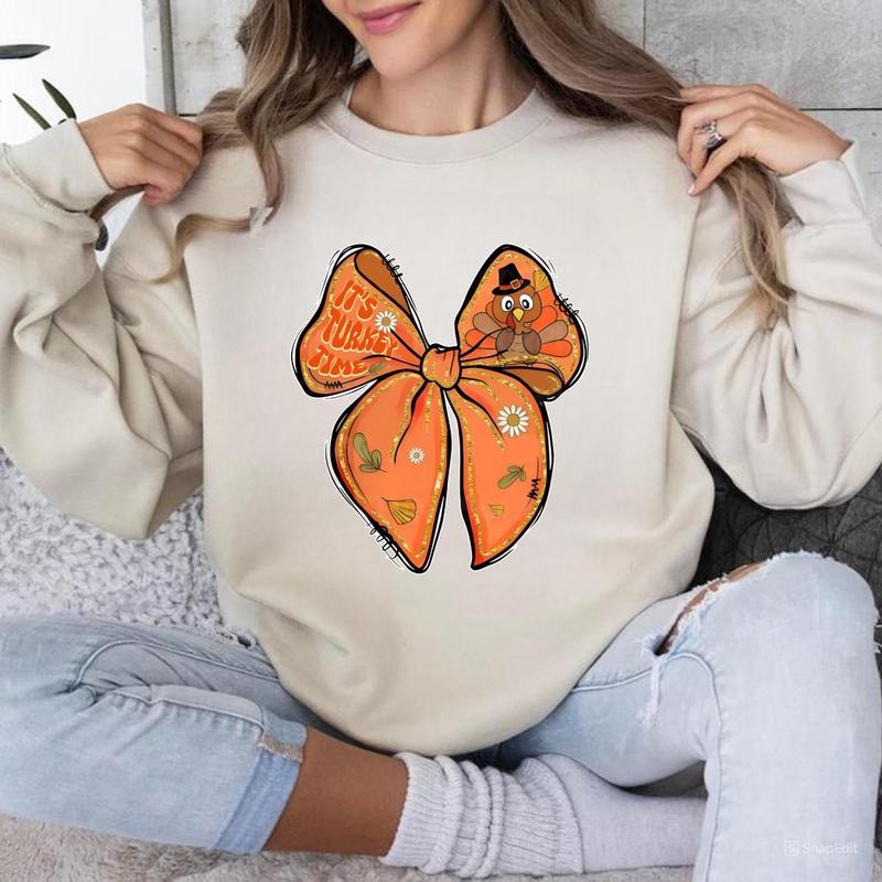 Coquette Turkey Bow Sweatshirt, Thanksgiving Shirt, Glitter Turkey Bow Sweatshirt, Fall Pumpkin Shirt, It's Turkey Time Shirts, For Men, For Women