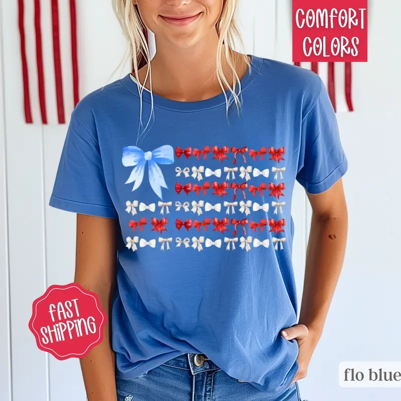 Coquette USA Bow Shirt Comfort Colors, America Bow Shirt for July 4th, Memorial Day Shirt, USA Shirt, Election Shirt, Patriotic Bow Shirt