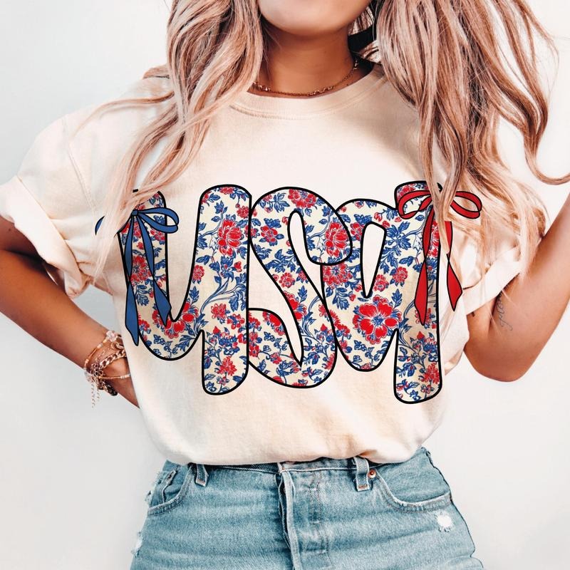 Coquette USA Shirt Floral Patriotic 4th of July T-Shirt Retro America Tee Girly Independence Day Top 100% Cotton