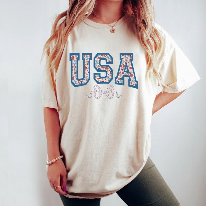 Coquette USA Shirts, 4th Of July Shirts, Shirt For Women, Pink Bow USA T-Shirt, American Girly Shirt, Fourth Of July Tee, Country Western Shirt, Independence Day, Gift For Her, Coquette 4th Of July, Women's Tops