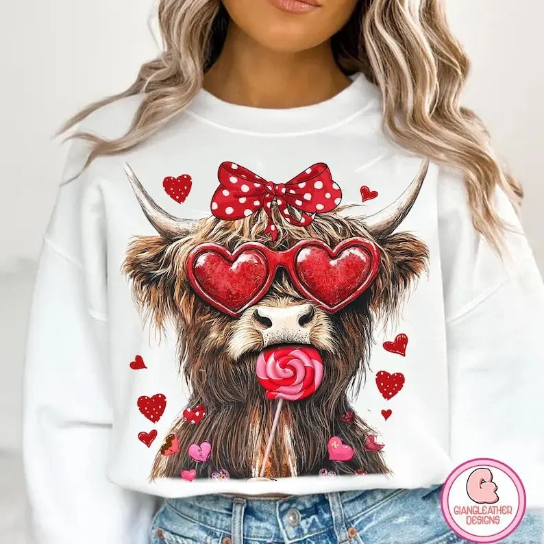 Coquette Valentine Cow | Retro Love Crewneck Sweatshirt | Highland Heifer Design