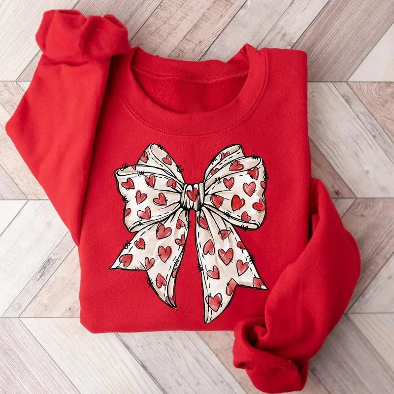 Coquette Valentine's Day Heart Bow Sweatshirt, Retro Valentine Shirt, Valentines Day Bow Shirt, Coquette Bow T Shirt, Bow Valentine Gifts