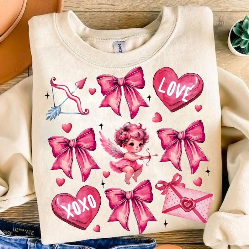 Coquette Valentines Day Sweatshirt Pink Valentine Bow , Valentine Heart Coquette Bow , Valentine Cupid , XOXO , Retro Valentine