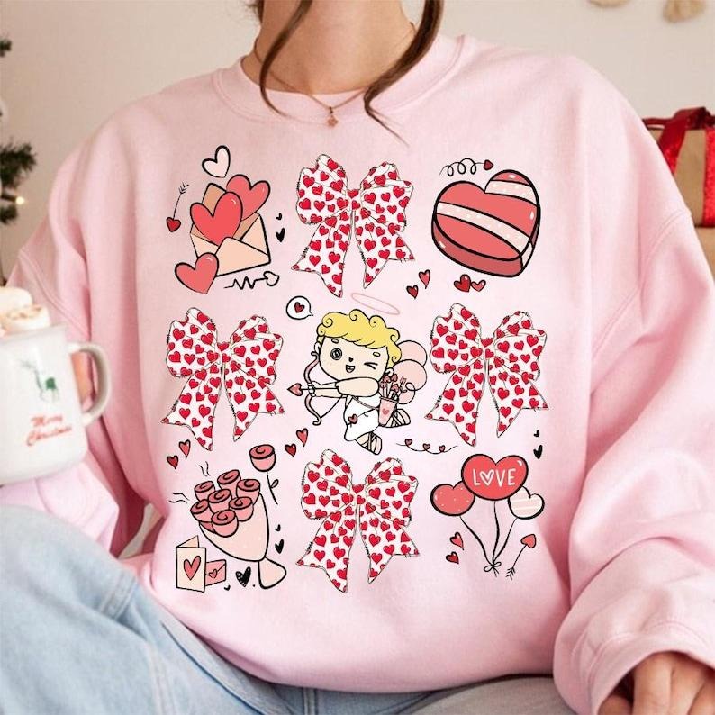 Coquette Valentines Day Sweatshirt Valentine Bow , Valentine Heart Coquette Bow , Valentine Cupid , XOXO , Retro Valentine