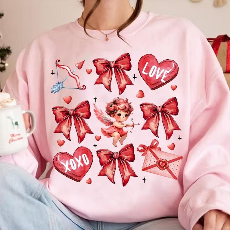 Coquette Valentines Day Sweatshirt Valentine Bow , Valentine Heart Coquette Bow , Valentine Cupid , XOXO , Retro Valentinestyle{n002}3