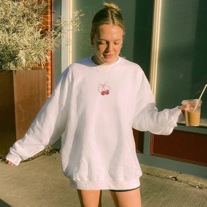 Coquette Valentines Sweatshirt, Cherry Ribbon Sweatshirt, Softcore Balletcore Lovecore Aesthetic Clothing, Minimalist Trendy Sweater, Cherry Shirt, Ribbon Cherry Sweater
