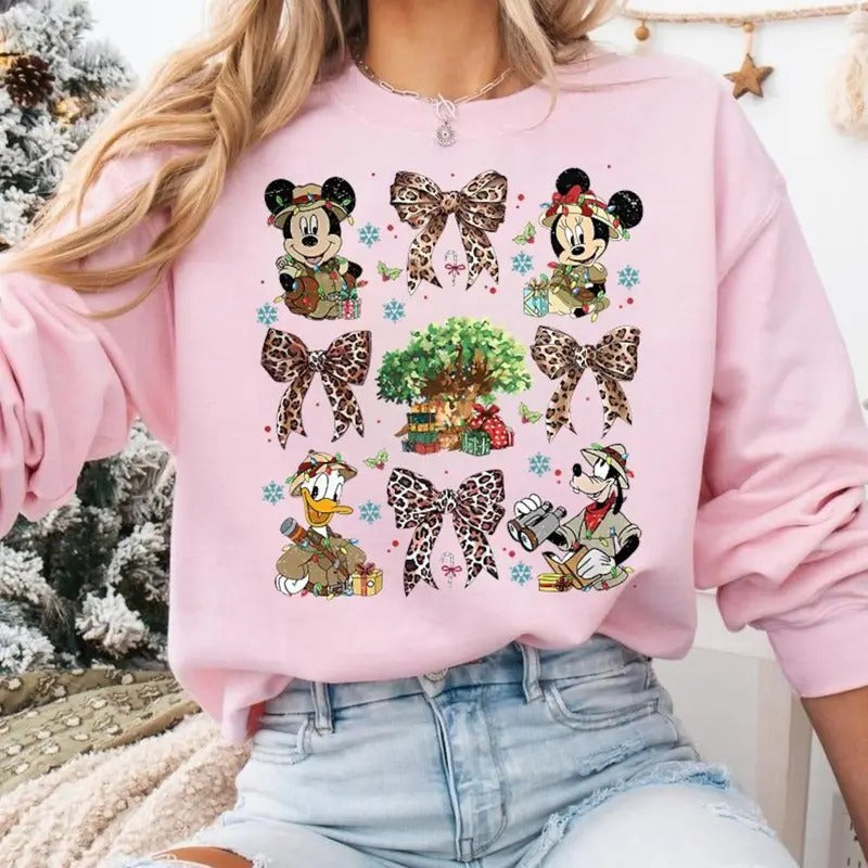 Coquette bows Disssnnnney Animal Kingdom Christmas Sweatshirt Tshirt, Miccckkkey & friends Leopard bows Safari Mode shirt, Family adventure Let's get wild shirt