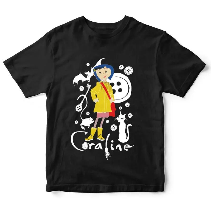 Coraline with Black Cat Button Shirt, Coraline horror movies tshirt, Horror Character Shirt, Halloween Crewneck Sweatshirt