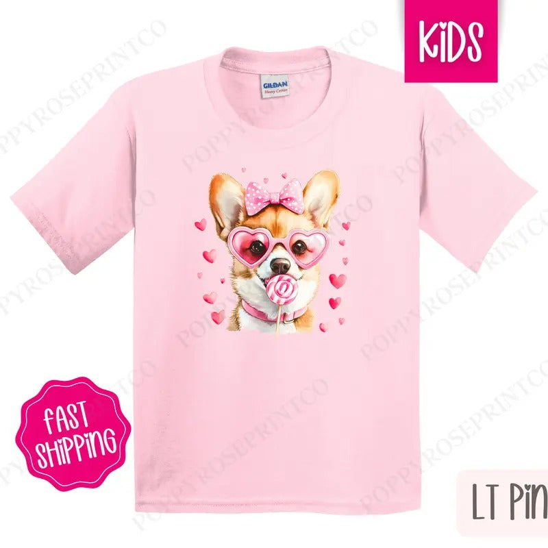 Corgi Valentine Kids Shirt - Valentine's Day Children's Tshirt - Cute Youth Tee Gildan