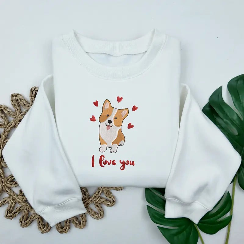 Corgi Valentine's Day Embroidered Sweatshirt, Corgi Dog with Hearts Embroidered Sweatshirt, Gifts for Dog Owners, I Love You Crewneck Sweatshirt