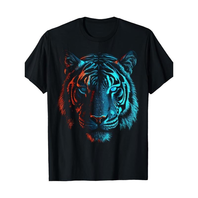 Cotton Basic Crew Neck T-Shirt, Geometric Tiger Print, Regular Fit, Short Sleeve, 100% Cotton, Pullover with Digital Print for Casual Weekend Wear Made in USA
