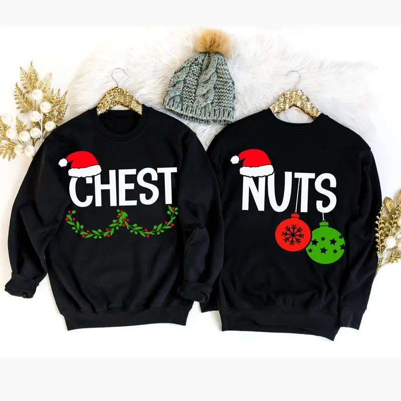 Couples Christmas Shirts, Funny Christmas Shirt Gift for Couple Chest Nuts Shirt Boyfriend Christmas Gift Husband Ugly Christmas Sweater Men