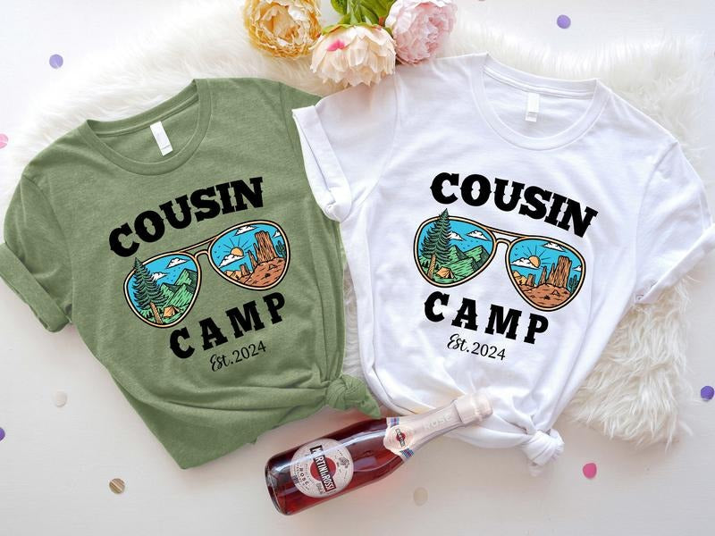 Cousin Camp Est 2024 T-shirt, Matching Cousins Crew Trip Tee, Unisex Summer Family Reunion Tee, Mountain Sunglasses Shirt.