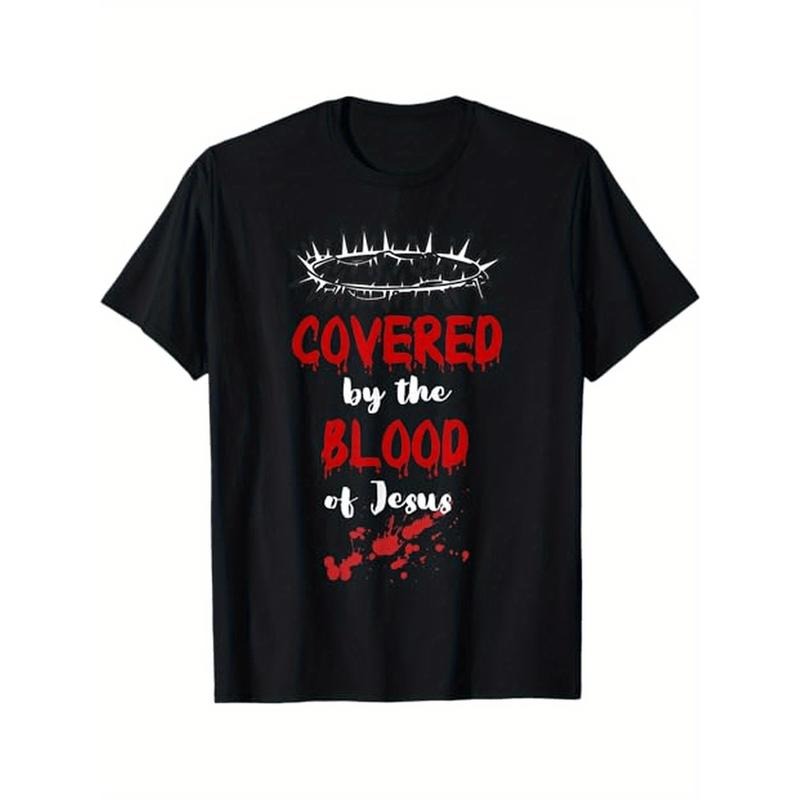 Covered by the Blood of Jesus Christian Halloween Funny T-Shirt, 100% Cotton, Halloween Thanksgiving Christmas Gift for Men Women Dad Mom Friends Made in USA