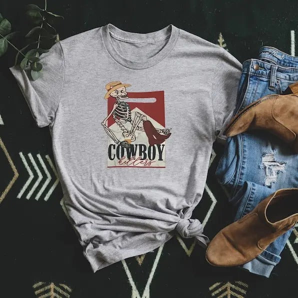 Cowboy Killer Shirt, Funny Skeleton Shirt, Western Skeleton, Matching Shirts, Couple Shirt, Skeleton Killer Humor, Skeleton Cowboy T-shirt, sweater and Hoodie cotton