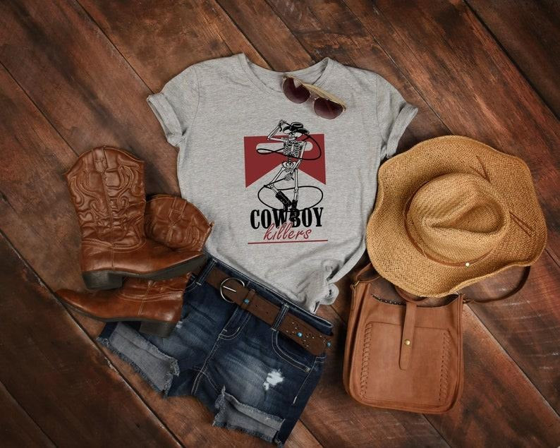 Cowboy Killer Skeleton Shirt - Gray Western Graphic Tee with Cowboy and Cowgirl Design, Casual Men's Cotton T-Shirt