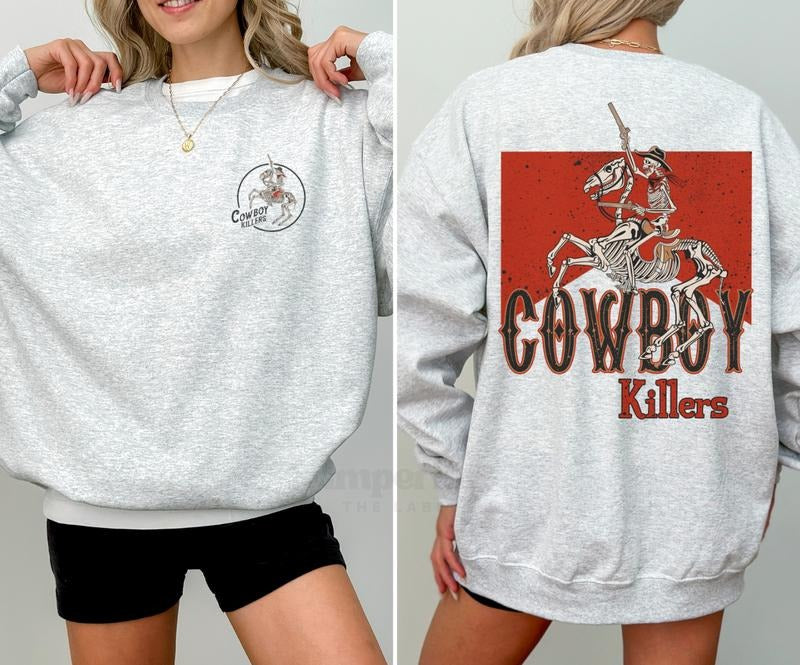 Cowboy Killers Sweatshirt, Western Graphic Sweatshirt, Trendy Cowboy Sweatshirt, Funny Western Apparel, Casual Cowboy Pullover, Vintage Style Sweatshirt, Comfortable Everyday Wear, Unique Graphic Sweatshirt, Cozy Sweatshirt Fabric Fleece Printed