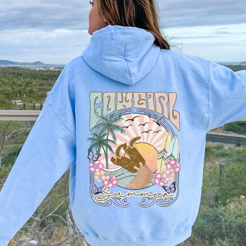 Cowgirl Summer Graphic Hoodie, Cotton Casual Oversized Hoodie, Sunset Hoodie, Beach Hoodie, Womens Sweatshirt Womenswear Polyester Sweaters Tops