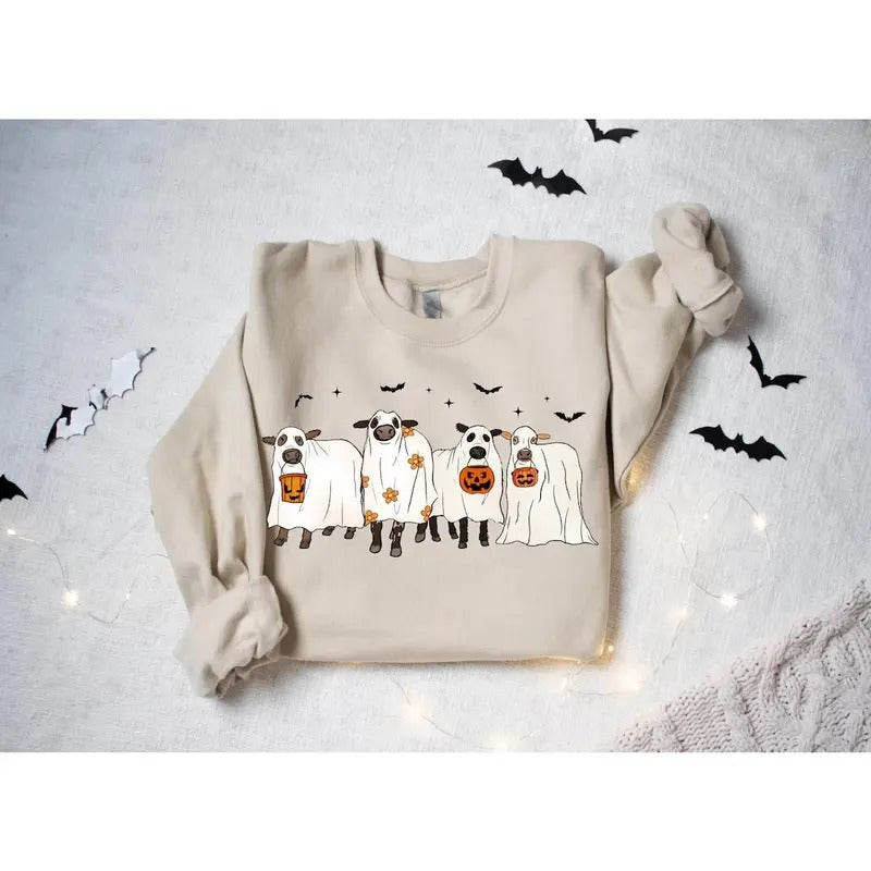 Cows Halloween Sweatshirt, Halloween Ghost Cows Sweatshirt Cotton Sweaters