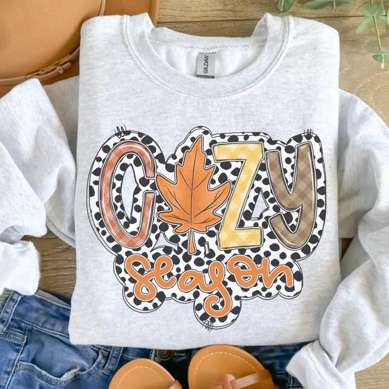 Cozy Season Fall Dotted Sweatshirt - Ash Grey - Sweatshirt