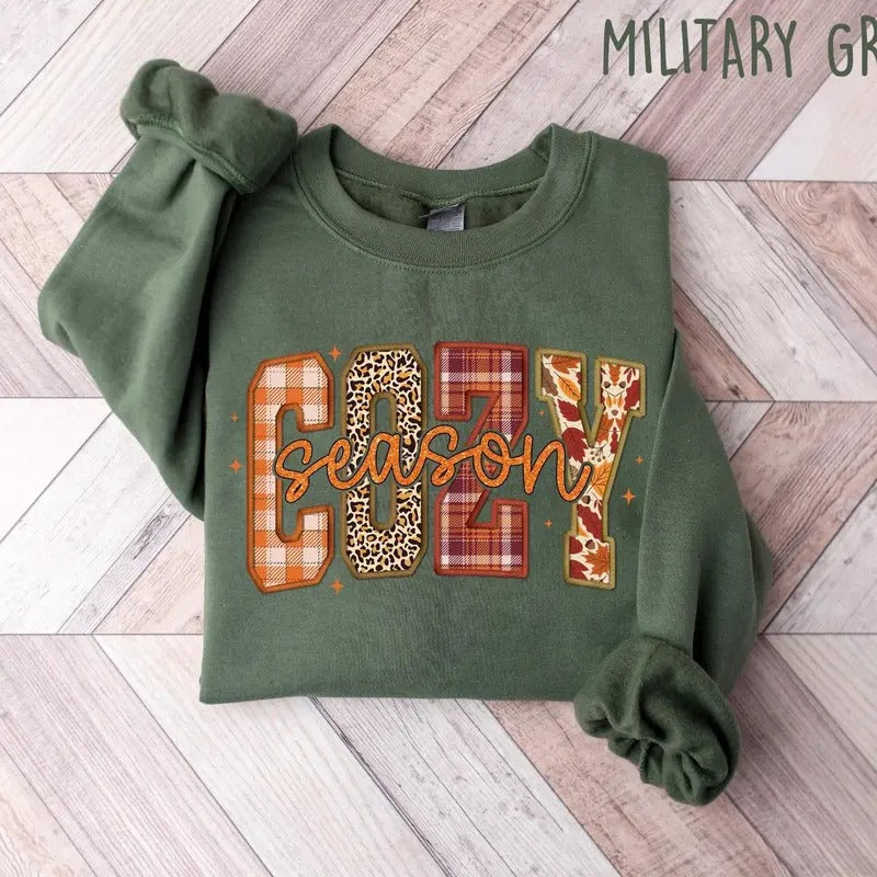 Cozy Season with Leopards Fall Leaves Patterns Graphic PRINTED Sweatshirt, Get Cozy Sweatshirt, Womens Fall Sweaters, Gift for Halloween, Thanksgiving Day, Christmas Cotton Unisex Womenswear Check