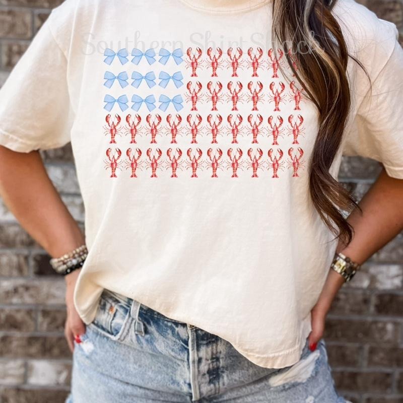 Crawfish Flag Bow T shirt | Ivory comfort colors T shirt top