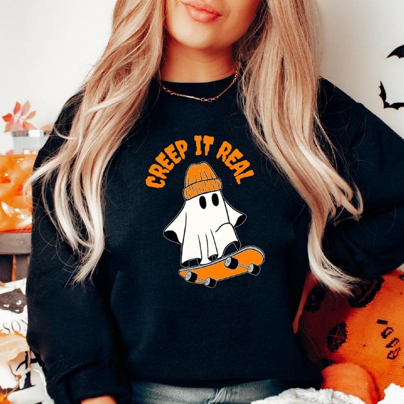 Creep It Real Sweatshirt, Cute Ghost Halloween Hoodie, Spooky Season Sweater, Skating Ghost Hoodie, Fall Gift Hoodie.