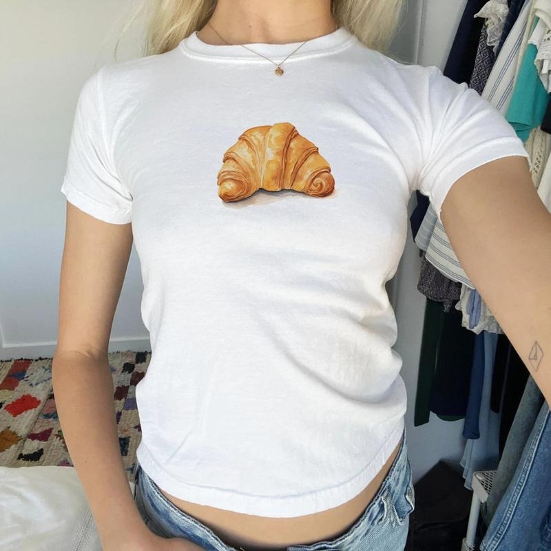 Croissant Painting Baby Tee, Cute Croissant Tee Shirt, Aesthetic Baby Tee