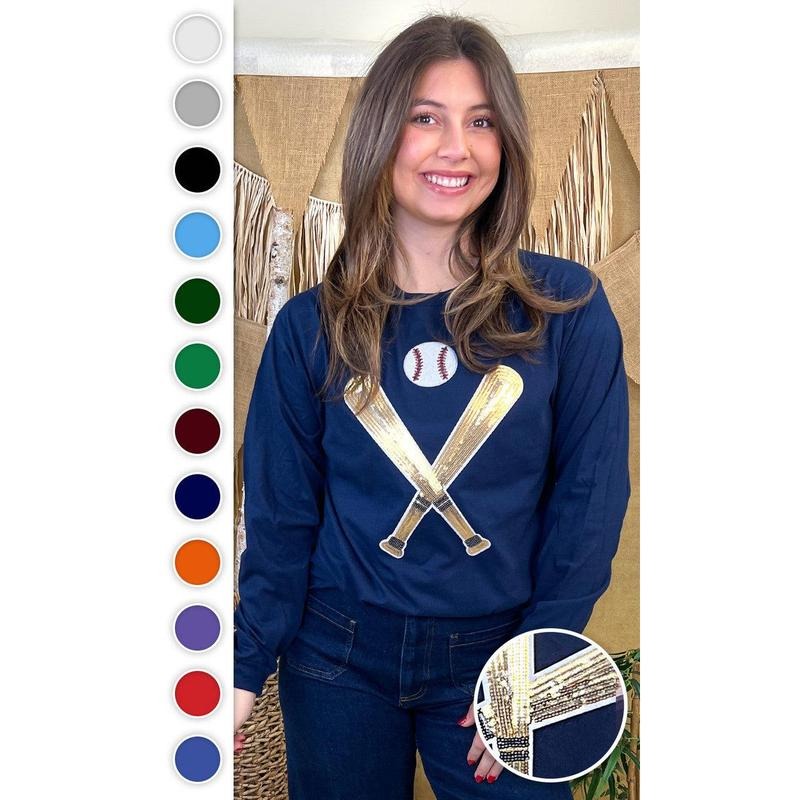 Crossed Bats Sequin Baseball Graphic Long Sleeve T-Shirt