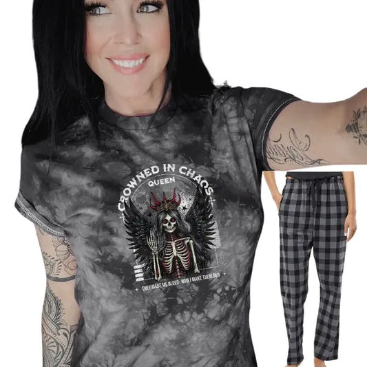 "Crowned in Chaos Queen, They Made me Bleed, So Know I Make them Beg TShirt & Long Pajama Pants - Unisex Cotton Sleepwear, Loungewearstyle{n002}2
