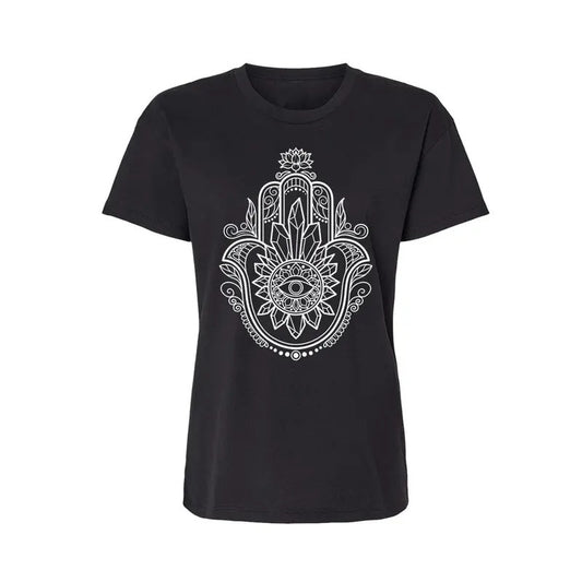 Crystal Hamsa Relaxed Fit Ladies T-Shirt - Infused with Obsidian, Tigers Eye & Amethyst Sweatshirt, Hoodie, Comfort Colors