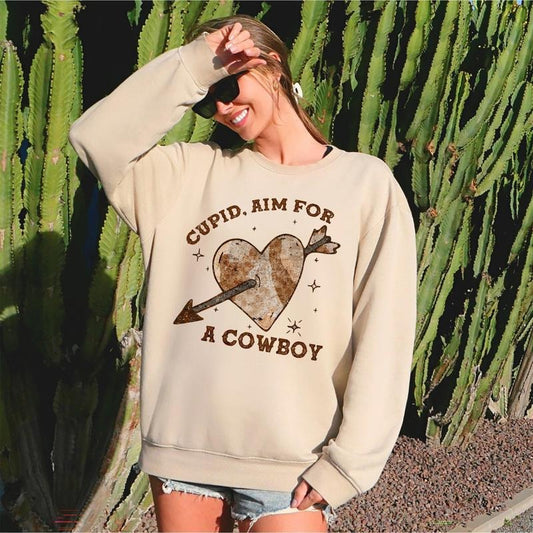 Cupid Aim For A Cowboy, Heart, Western, Country, Sweatshirt, Valentine's Day, Crew Neck, Women's, Crewneck, Valentine's Day, Love, Heart, Cupid