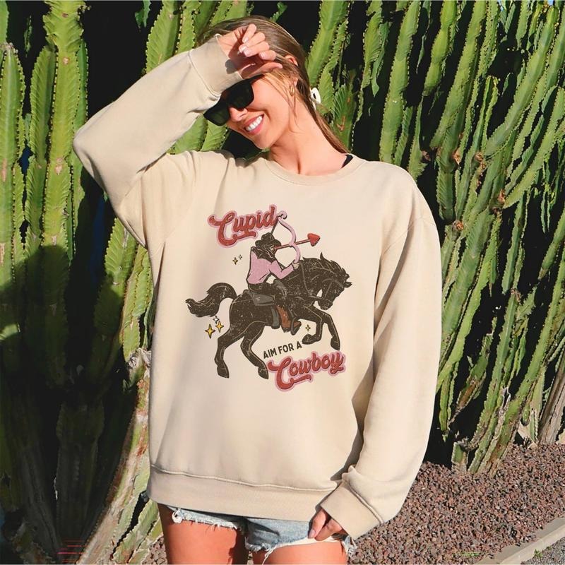 Cupid Aim For A Cowboy, Horse, Western, Country, Sweatshirt, Valentine's Day, Crew Neck, Women's, Crewneck, Valentine's Day, Love, Heart, Cupid
